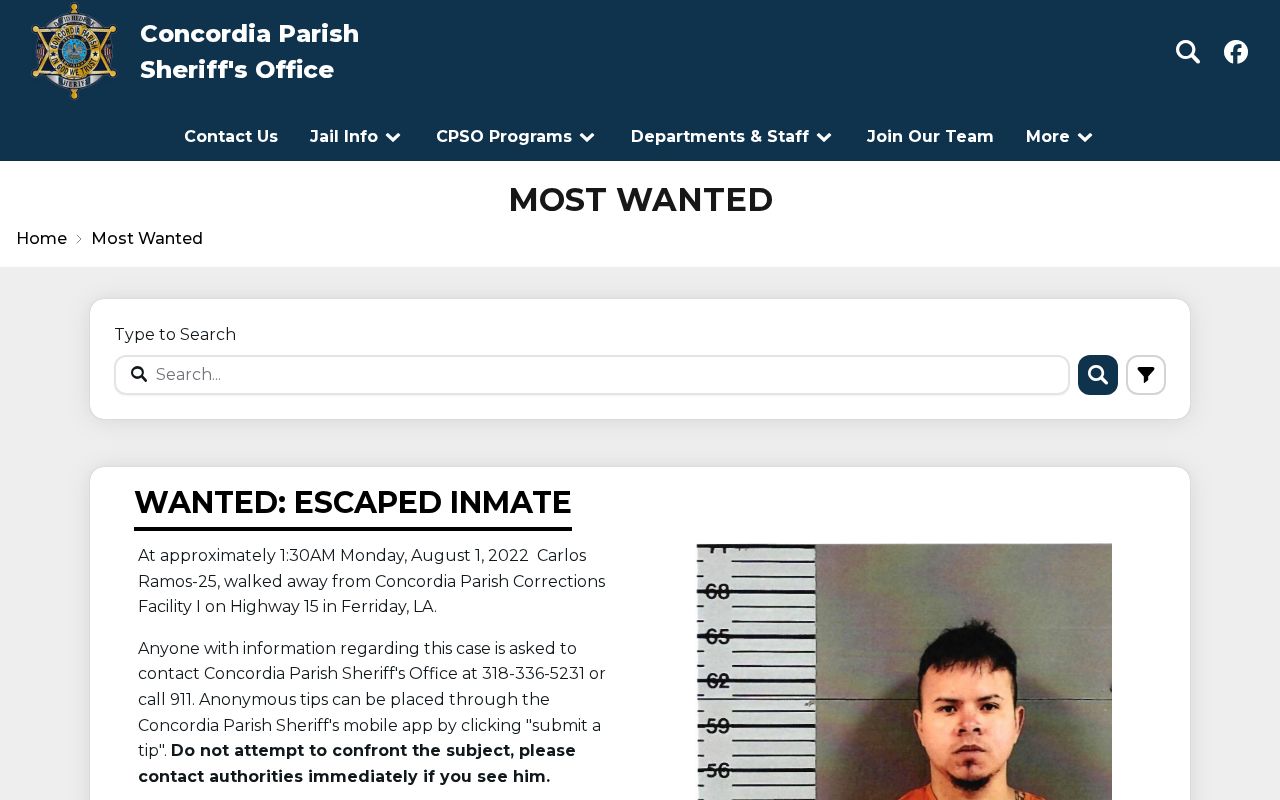 Concordia Parish Sheriff's Most Wanted official records page